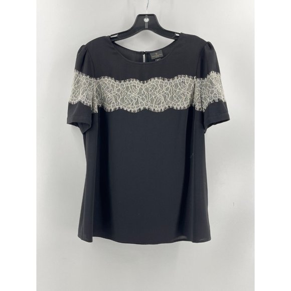 Worthington Petite Women's Black Short Sleeve Lace Trim Top Shirt Size PM - Picture 2 of 12